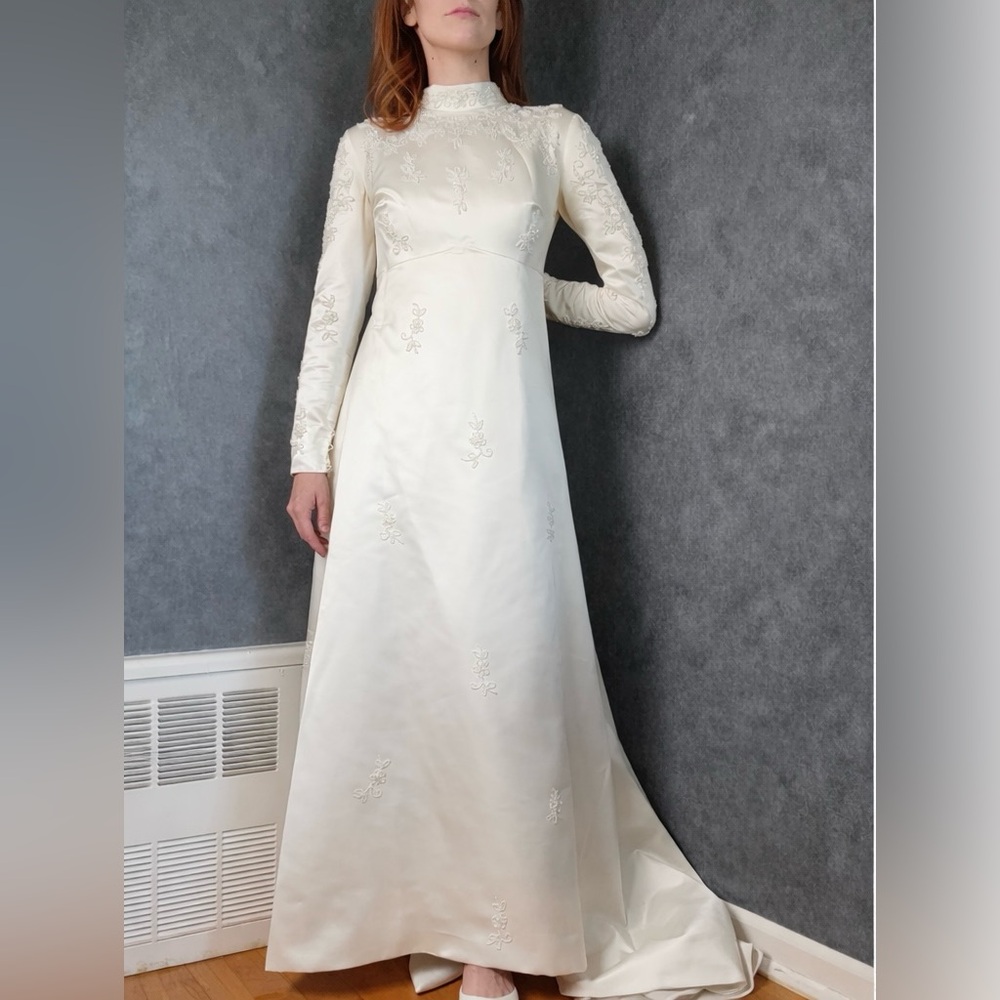 Vintage 1960s Bianche Wedding Dress – Designer Ivory Satin, Empire Waist, Size 2